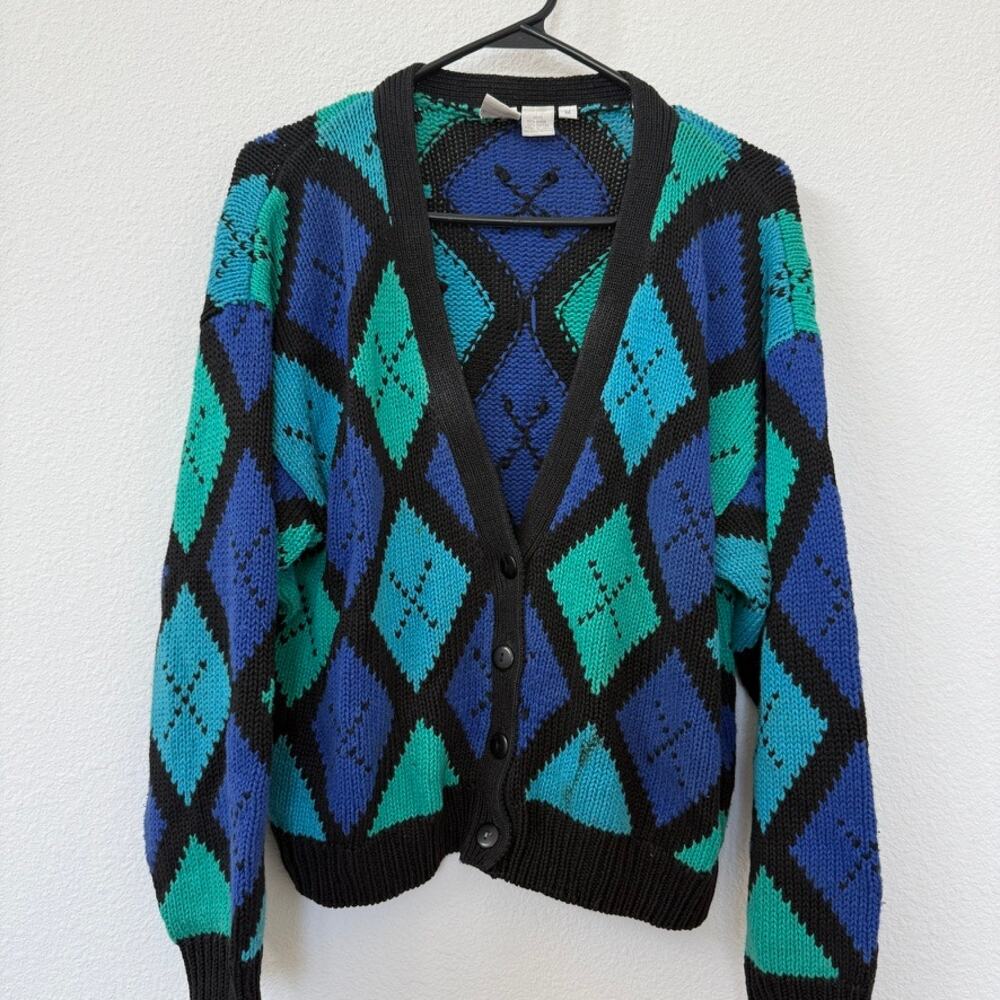 Clifford & Wills Argyle Knit Cardigan Black Blue Vintage Retro Grandpacore M
